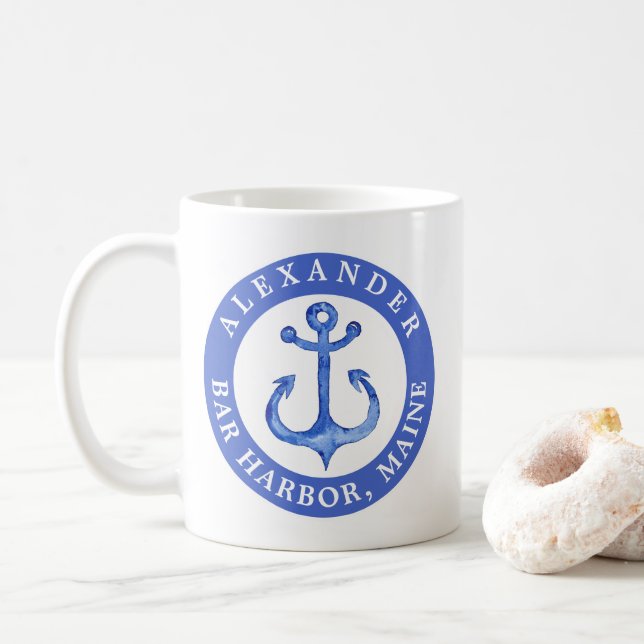 Custom City | Personalised Navy Nautical Anchor Coffee Mug (With Donut)
