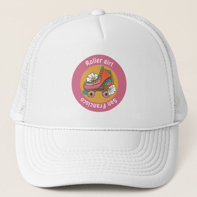 custom city roller skate girl pink girly team club trucker hat (Front)
