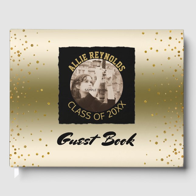 Custom Class of Photo Graduation Party | Chic Gold Guest Book (Front)