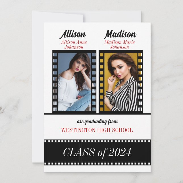 Custom Class of Twin Graduates in Red Invitation (Front)