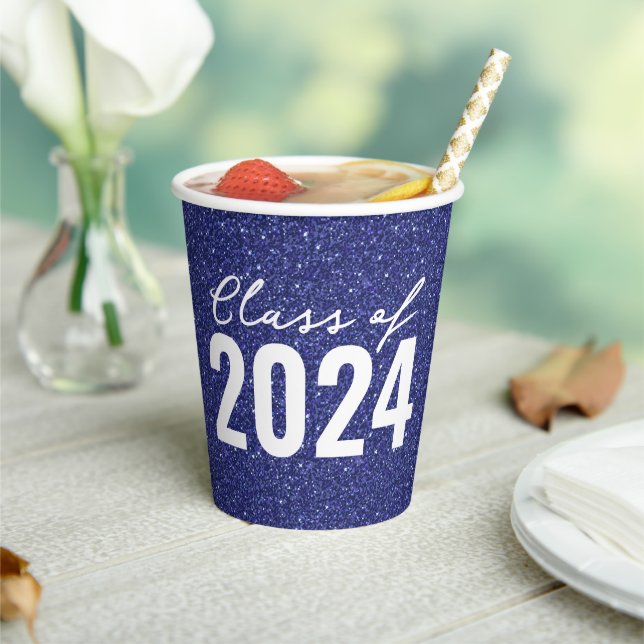 Custom Class Year Navy Blue Glitter Paper Cups (Insitu)