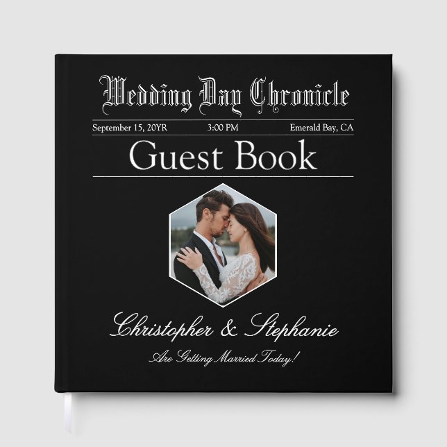 Custom Classic Calligraphy Photo Newspaper Wedding Guest Book (Front)
