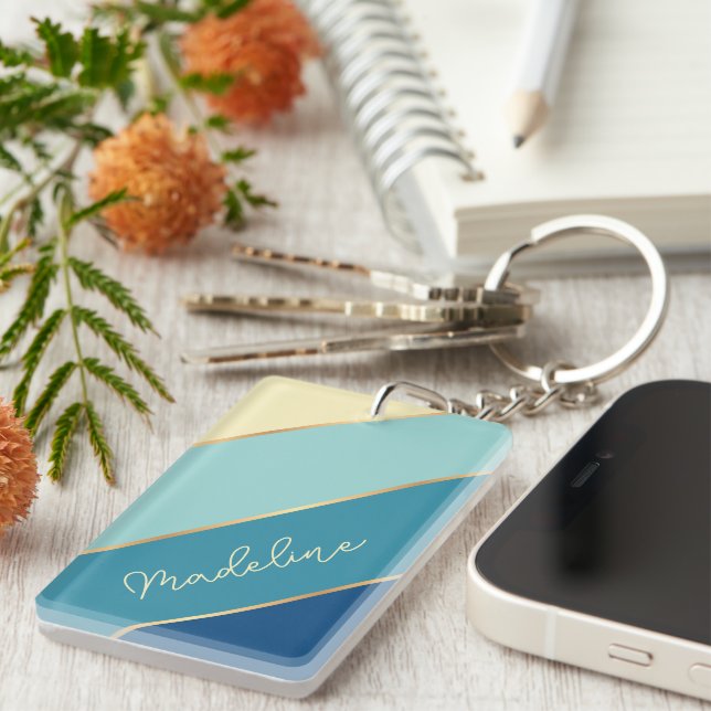 Custom Classic Cute Blue Teal Green Yellow Stripes Key Ring (Front Right)