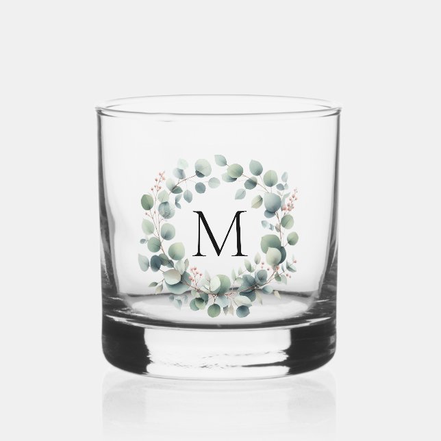 Custom Classic Green Eucalyptus Foliage Wreath Whiskey Glass (Front)