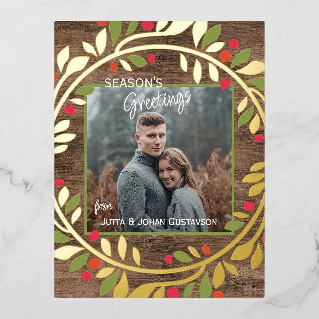 Custom Classic Green Holly Red Berries Foliage Foil Holiday Postcard (Front)