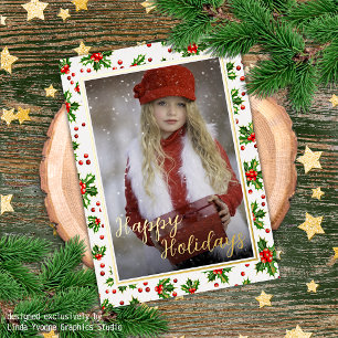 Custom Classic Green Holly Red Berries Gold Foil Holiday Card