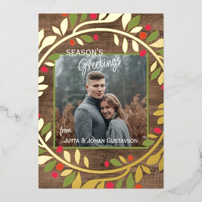 Custom Classic Green Holly Red Berries Gold Foil Holiday Card (Front)