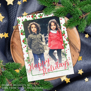 Custom Classic Green Holly Red Berries Holiday Card