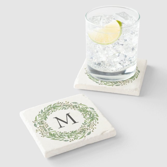 Custom Classic Green Laurel Wreath Leaf Pattern Stone Coaster (Side)