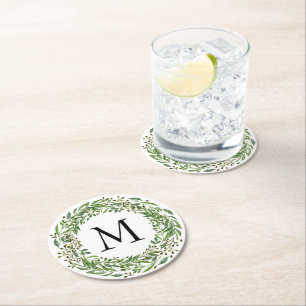 Custom Classic Green Laurel Wreath Leaves Pattern Round Paper Coaster