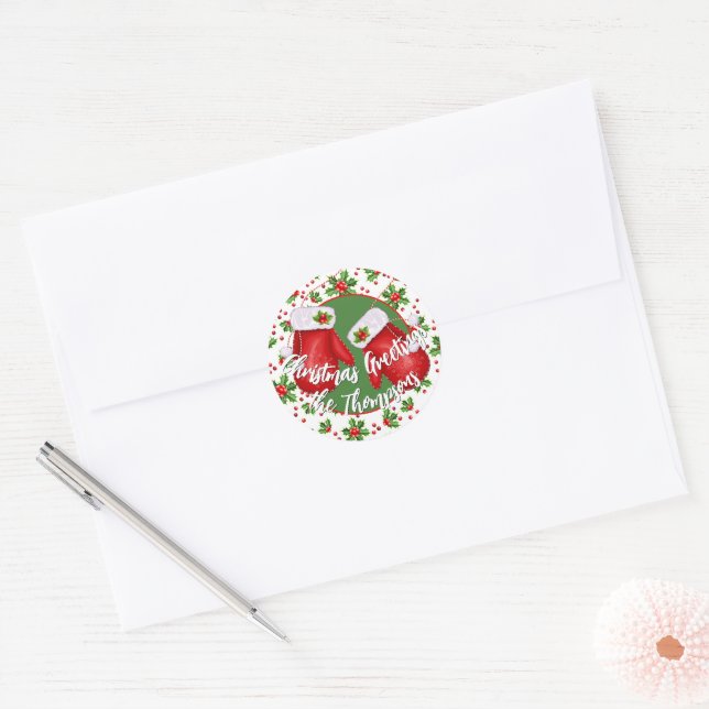 Custom Classic Holiday Green Holly Red Berries Classic Round Sticker (Envelope)