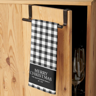 Custom Classic Merry Christmas Black Gingham Plaid Tea Towel
