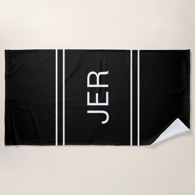 Custom Classic Monogrammed Initials Black & White Beach Towel (Front)