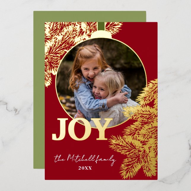 Custom Classic Pine Tree Needles Gold Foil Holiday Card (Front/Back)
