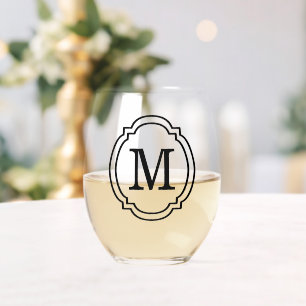 Custom Classic Vintage Chic Black Monogram Stemless Wine Glass