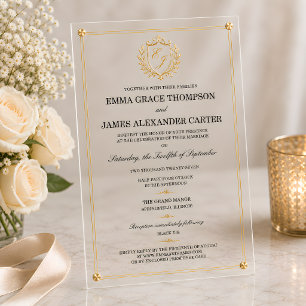Custom Clear Acrylic Gold Crest Wedding Invitation