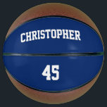 Custom Club Team Player Name Number Monogrammed Basketball<br><div class="desc">Create your own custom, personalised, white elegant stylish typography / script / text / name on darj navy blue background, regulation size, hand stitched basketball. Simply enter the player / team / club / school / college / event / tournament name, and player jersey number, to customise. While you add...</div>