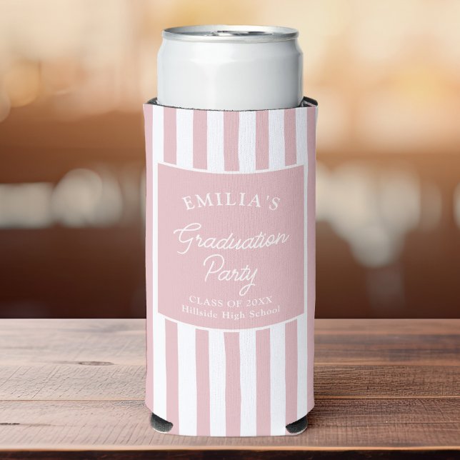 Custom Coastal Graduation Party Fun Seltzer Can Cooler (Pink and white striped graduation can cooler with personalized school details and class of 20XX text)