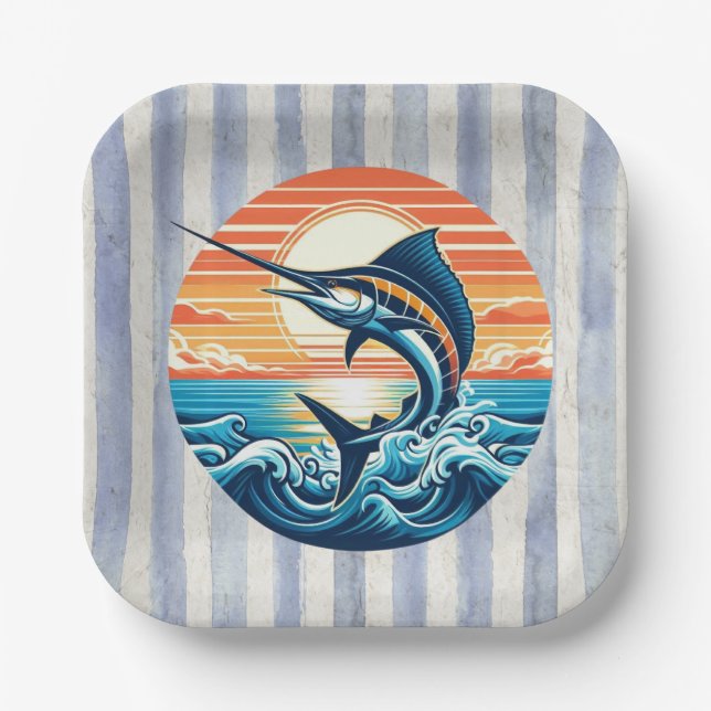 Custom Coastal/nautical/beach marlin sunset Paper Plate (Front)