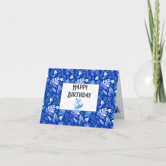 Custom Cobalt Blue Tropical Leaves Happy Birthday Card (Front)