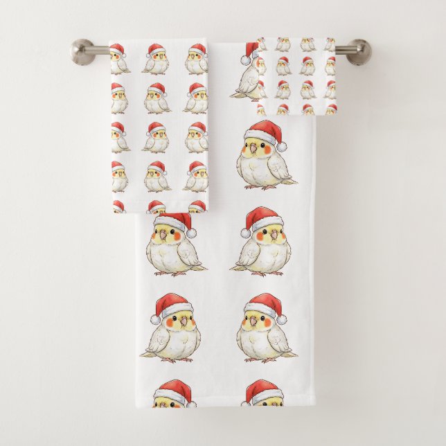 Custom Cockatiel Wearing Santa Hat  Bath Towel Set (Insitu)