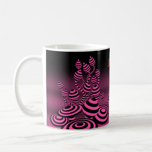 Custom Coffee mug Neon Fuchsia Magic Mushrooms. (Left)
