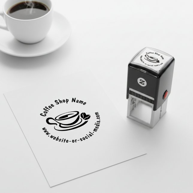 Custom Coffee Shop Name and Website Self-inking Stamp (Round promotional self inking stamp for a coffee shop.)