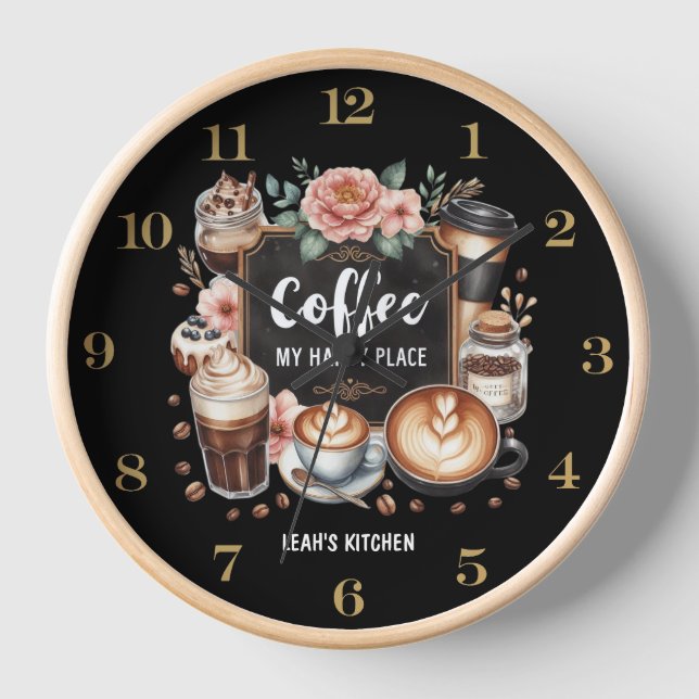 ☕Custom Coffeecore Kitchen Cafe Coffee Happy Place Clock (Front)