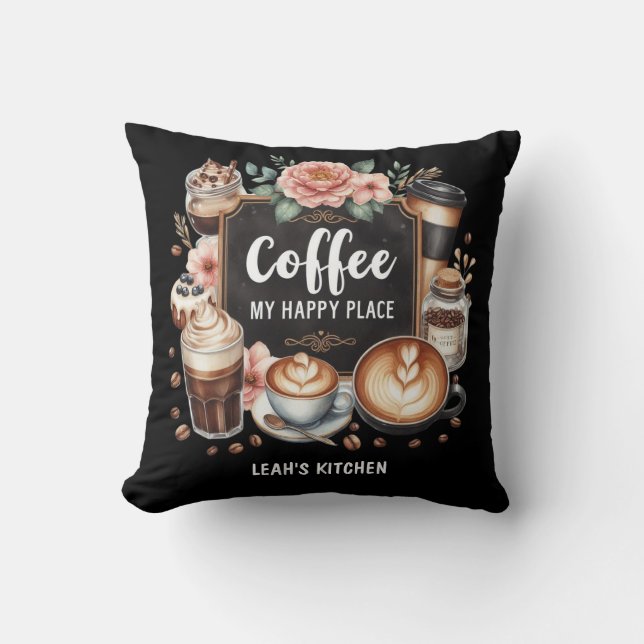☕Custom Coffeecore Kitchen Cafe Coffee Happy Place Cushion (Front)