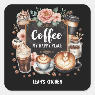 ☕Custom Coffeecore Kitchen Cafe Coffee Happy Place Square Sticker