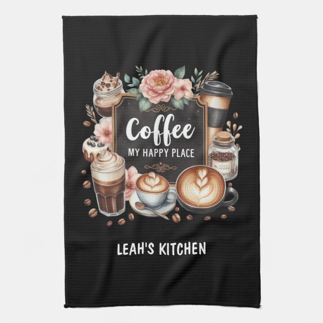 ☕Custom Coffeecore Kitchen Cafe Coffee Happy Place Tea Towel (Vertical)