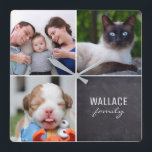 Custom Collage 4 Photos, Personalised, chalked Square Wall Clock<br><div class="desc">Personalise this wall clock with their treasured photos and update the family name. Enjoy the compliments in giving such a thoughtful gift.</div>