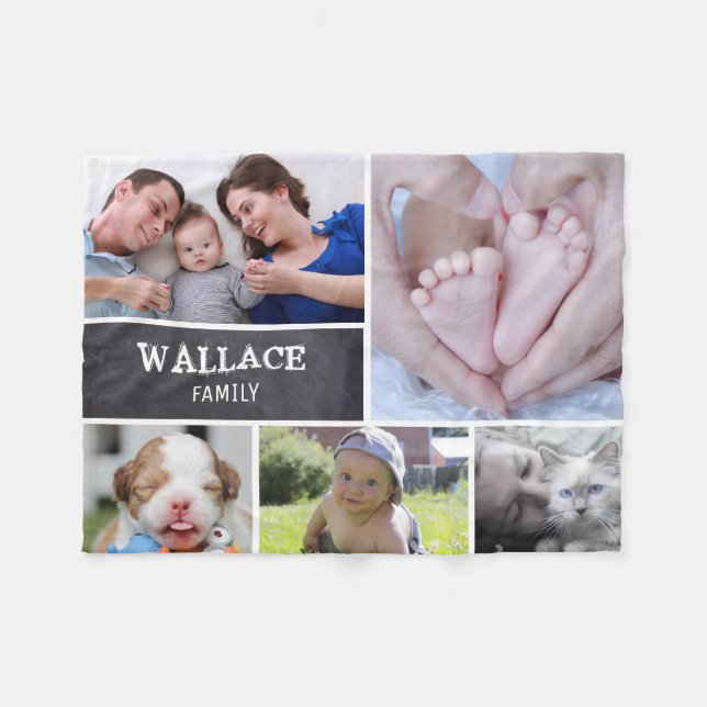 Custom Collage 5 Photos, Personalised, chalked Fleece Blanket (Front (Horizontal))