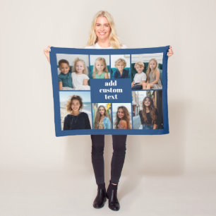 Custom Collage 8 Photo - blue with white text Fleece Blanket