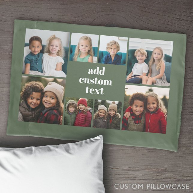 Custom Collage 8 Photo - green with white text Pillowcase (Create Your Own Photo Collage Pillowcase)