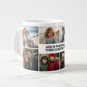 Custom Collage 8 Photo - white with black text Large Coffee Mug