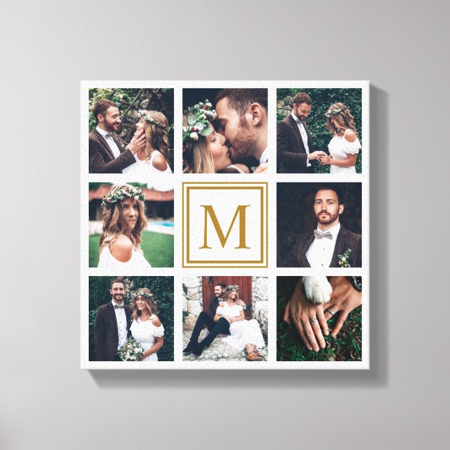 Custom Collage 8 Wedding Photo Gold Monogram Canvas Print (Front)