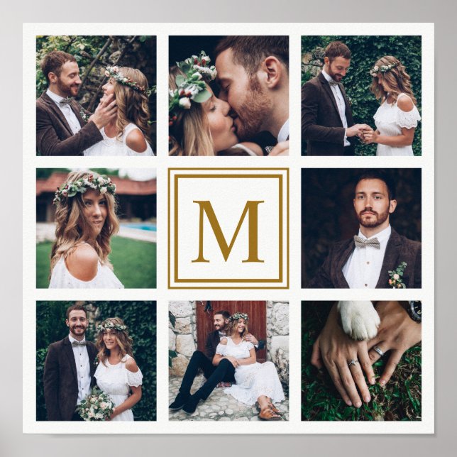 Custom Collage 8 Wedding Photo Gold Monogram Poster (Front)