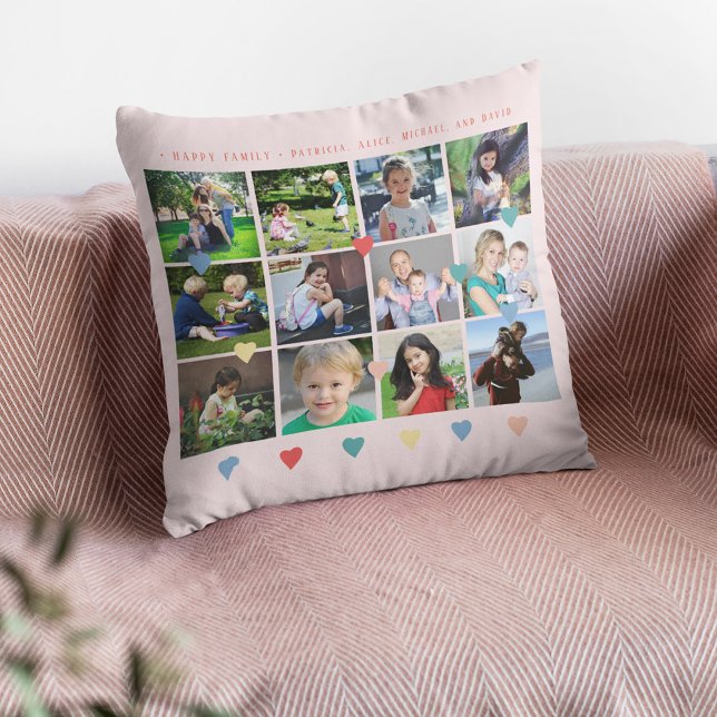 Custom collage family colourful hearts and script cushion (Creator Uploaded)