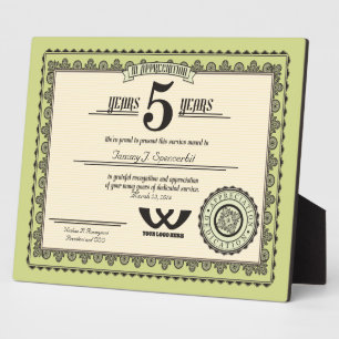Custom color 5 year employment service award plaque