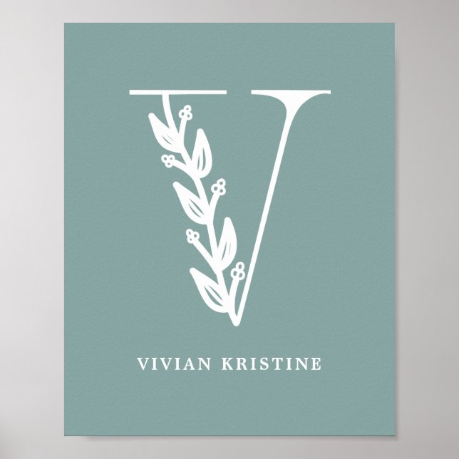 Custom Color Floral Monogram Letter V Name Nursery Poster (Front)