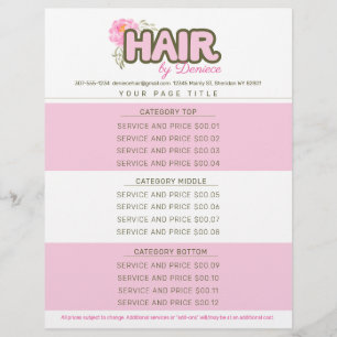 Custom color hair stylist salon service price list custom letterhead