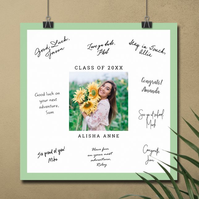 CUSTOM COLOR Photo Graduation Signature Message Poster (Graduation autograph photo poster with light green border, INSTANT DOWNLOAD and/or PRINTED)