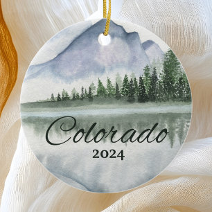 Custom Colorado Watercolor Mountain Lake Trees Ceramic Tree Decoration