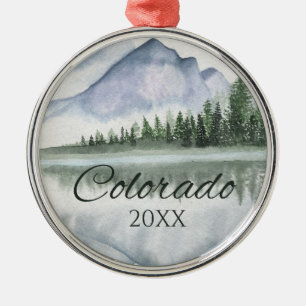 Custom Colorado Watercolor Mountain Lake Trees Metal Tree Decoration