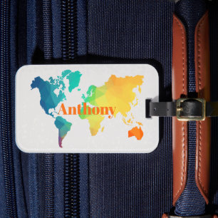 Custom Colorful World Map Monogram Name Luggage   Tag