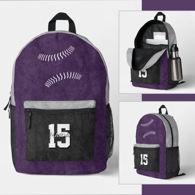 custom colors softball athlete jersey number printed backpack (Baseball/softball player backpack - front, angled side, angled open views - choose your own colors!)