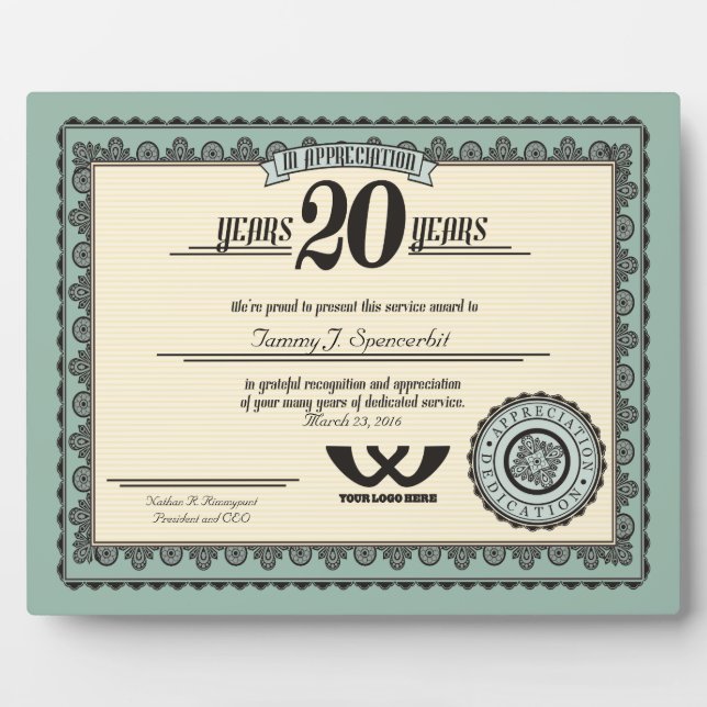 Custom colour 20 year employment service award plaque (Front)