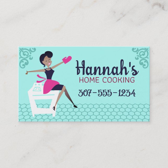 Custom colour African American woman cooking bakin Business Card (Front)