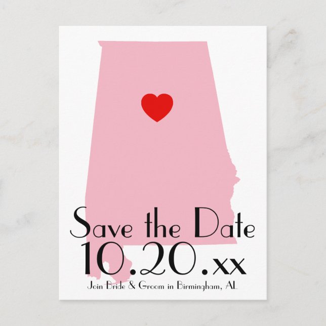 Custom Colour Alabama Save the Date Announcement Postcard (Front)